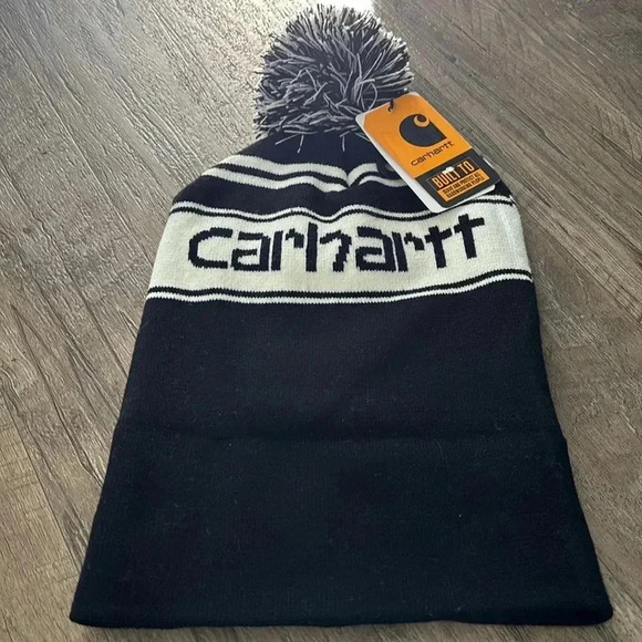 Carhartt Knit Cuffed Pom-pom,logo graphic beanie,striped black & white,OS unisex - Picture 5 of 7